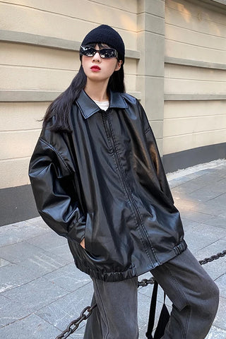 Loose Black Faux Leather Women Jackets