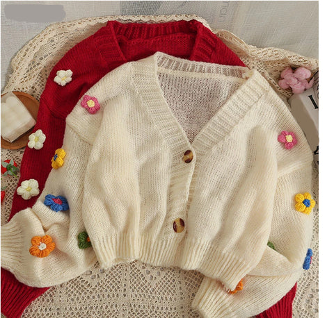 3D Flower Cropped Cardigan Sweater