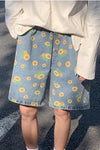 Casual Sun Flower Pattern Denim Men Shorts Pants