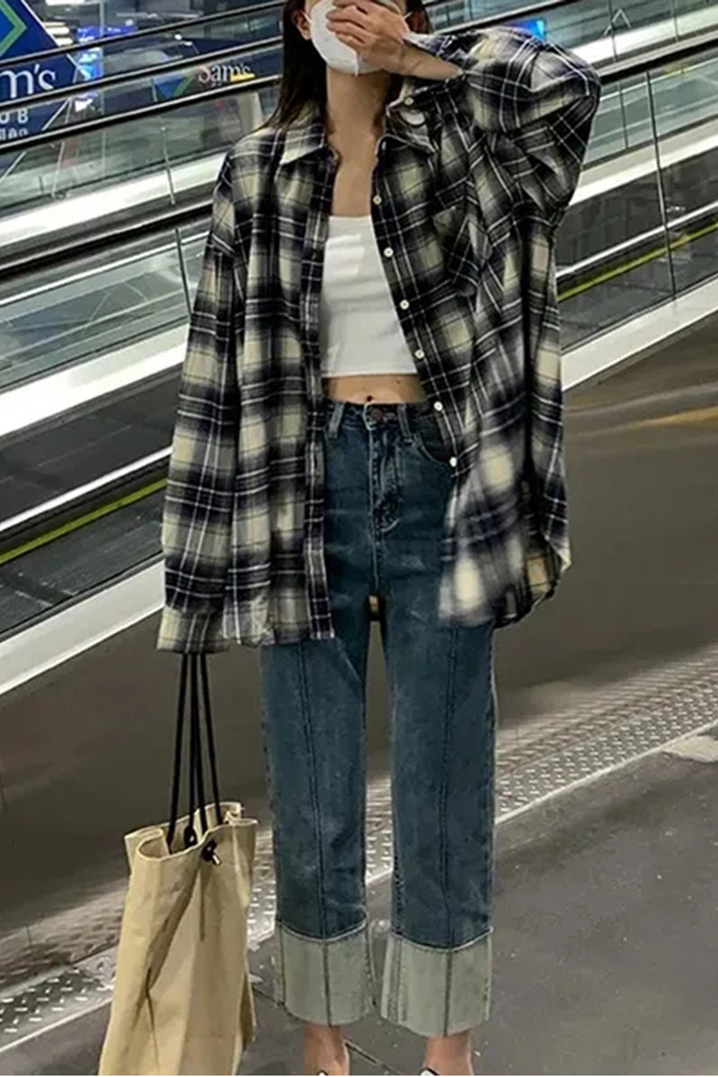 Women vintage oversize plaid long shirts autumn