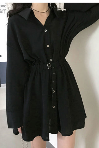 Long Sleeve Turn Down Collar Button Black Dress
