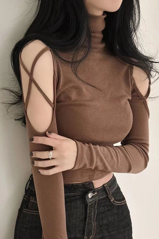 Long Sleeve Sexy Hollow Out Turtleneck Shirt