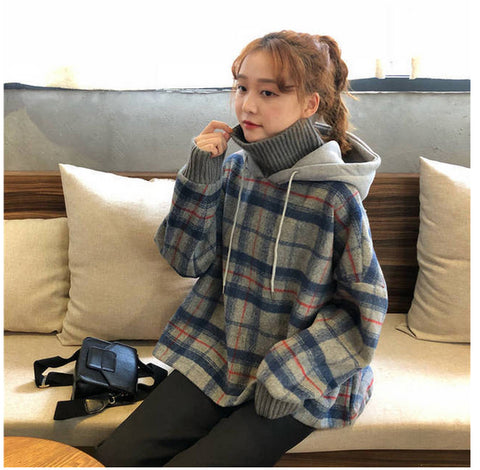 Two Style Plaid Hooded With Turtleneck SweatshirtTwo Style Plaid Hooded With Turtleneck Sweatshirt