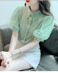 Lace Puff Sleeve Lapel Collar Blouse Shirts