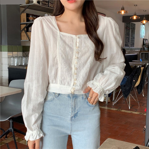 Long Sleeve Square Collar Lace Cropped Blouse