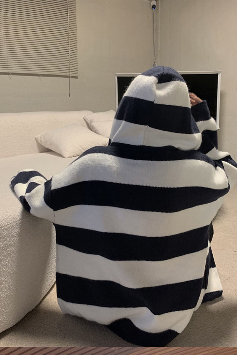 Zipped Horizontal Stripe Knit Hoodie