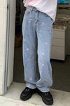 Heart Shape Embroidery Long Jeans Pants