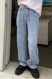 Heart Shape Embroidery Long Jeans Pants