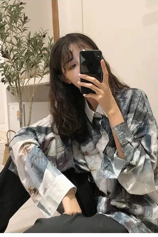 Casual Abstract Ink Pattern Long Sleeve Blouse Shirt