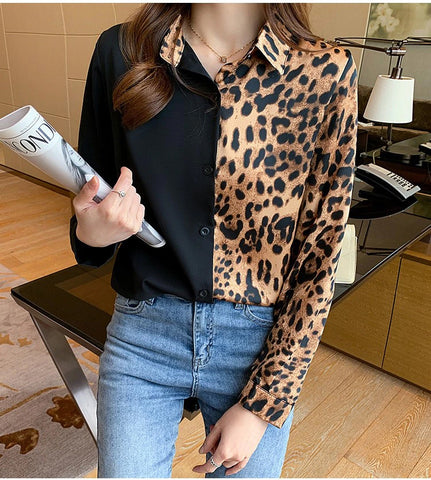 Half Leopard Pattern Elegant Blouse Shirt