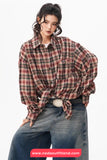 Loose Long Sleeve Retro Plaid Pattern Blouse Shirt