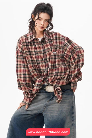 Loose Long Sleeve Retro Plaid Pattern Blouse Shirt