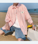 Half Sleeve Pink Striped Men Blouse Shirt