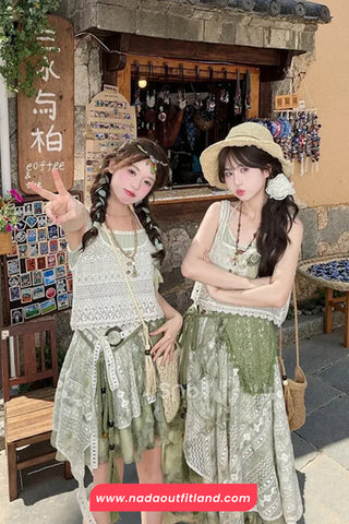 High Waist Lace Patchwork Green Tie Dye Irregular Mini Skirts