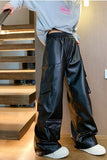Elastic Waist Loose Cargo Multi Pockets Leather Pants