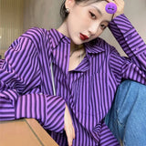 Retro Purple Striped Blouse Shirt – Cozy Vintage Everyday Essential
