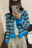 Level up your Coquette Aesthetic with this Striped Cropped Ruffles Cardigan. The perfect choice for Soft Girl outfits, French-chic styles, and "ballet-core" inspired looks. Featuring a flattering cropped fit and adorable ruffle details, this striped sweater is a must-have for your Aesthetic Outfits mood board.