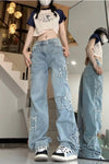 High Waist Retro Stars Side Embroidered Jeans Pants