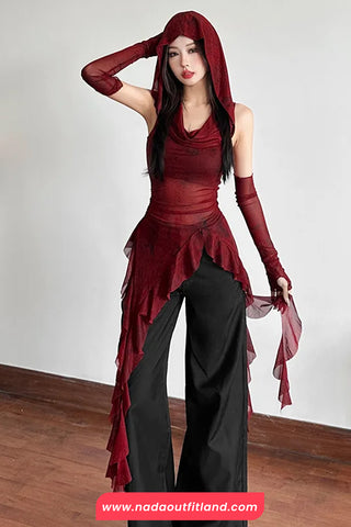 See Through Irregular Hooded Ruffles  Slim Shirt