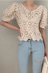 Puff Sleeve Lace Hollow Out Elegant Shirt