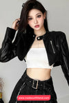 Long Sleeve Classic Cropped Leather Black Jacket