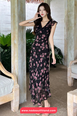 V-Neck Retro Floral Pattern Black Chiffon Long Dress