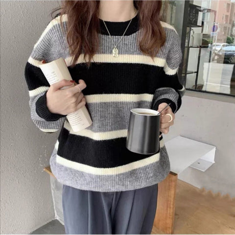 Classic O-Neck Knitted Striped Sweater