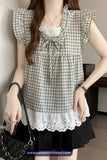 Retro Lace Patchwork Cute Plaid Blouse Shirt