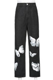 High Waist Butterfly Pattern Black Jeans Pants