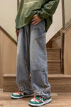 Loose Flame Embroidered Jeans Pants