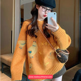 Long Sleeve Cute Chicken Embroidered O-Neck Sweater