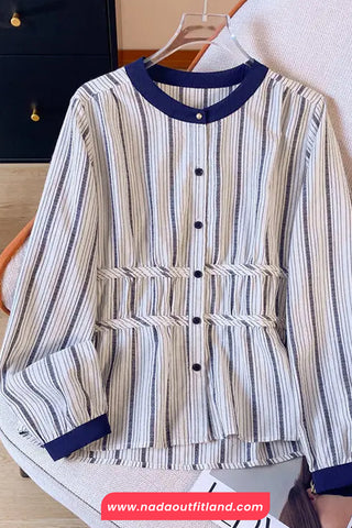Long Sleeve Vertical Striped O-Neck Elegant Blouse Shirt
