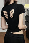 Sexy Butterfly Hollow Cut Pattern Cropped Slim Shirt