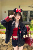 Upgrade your Y2K Streetwear Aesthetic with this 2-Piece Black Denim Jacket with Mini Denim Shorts Set. The ultimate essential for baddie festival outfits, matching double-black denim co-ord trends, and effortless night-out styling lookbooks. Featuring a flattering cropped trucker jacket and high-waisted frayed micro shorts, this matching set is a must-have for your Going Out Outfits or Grunge Clothing