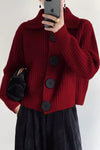 Long Sleeve Big Button Knitted Lapel Collar Sweater