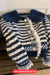 Long Sleeve Lapel Collar Lace Patchwork Striped Cardigan Sweater