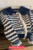Long Sleeve Lapel Collar Lace Patchwork Striped Cardigan Sweater