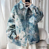 Floral patterned jacket worn by a person sitting on a chair.
