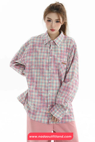 Long Sleeve Retro Plaid Tie Dye Style Blouse Shirt