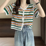 V-Neck Striped Embroidery Button Up Crochet Shirt