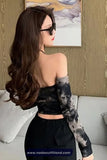 Long Sleeve Tie Dye Sexy Halter Neck Cropped Slim Shirt