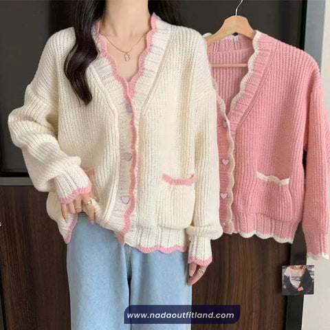 Long Sleeve Heart Button Ruffle Cardigan Sweater