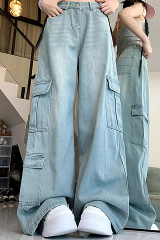 Loose Wide Leg Denim Jeans Cargo Pocket Pants