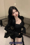 Long Sleeve Square Collar Ruffled Sexy Cropped Shirt