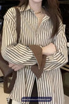 Long Sleeve Coffee Colors Striped Elegant Blouse Shirt