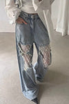 High Waist Hole Design Lace Patchwork Jeans Pants