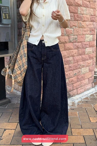High Waist Loose Wide Leg Deep Blue Retro Jeans Pants