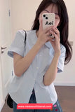 Short Sleeve Turn Down Collar Blue Blouse Shirt