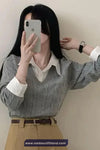 Two Piece Style Collar Shirt V-Neck Sweater