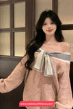 Long Sleeve Off Shoulder Sweet Bow Knitted Sweater